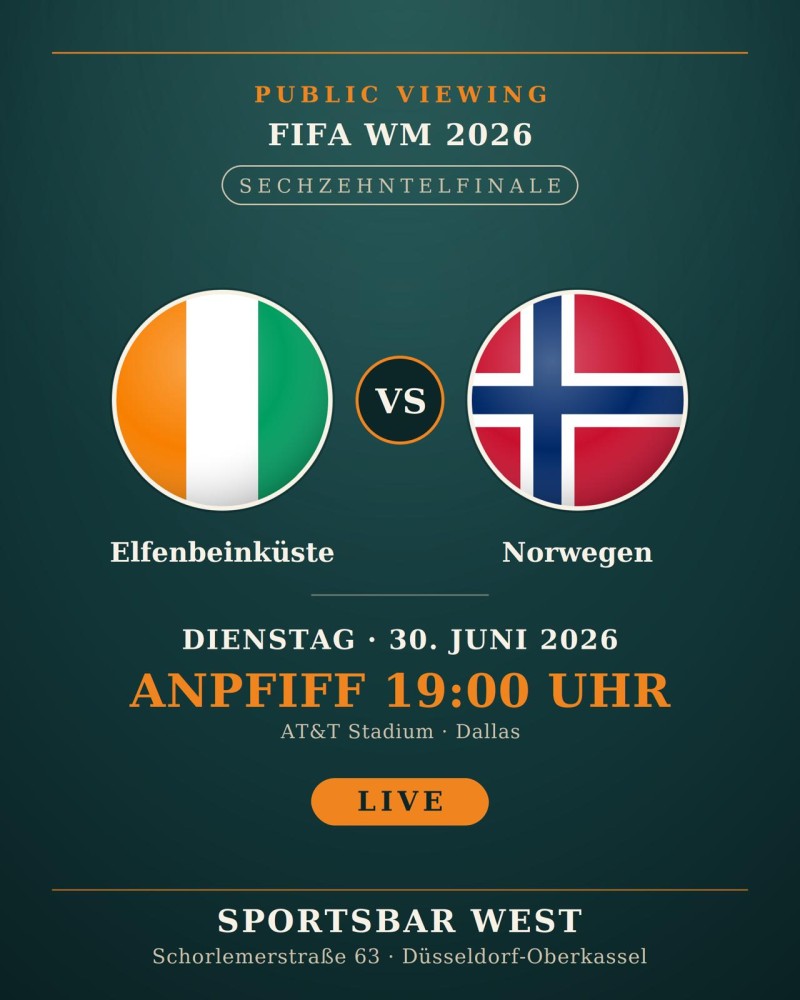 Ivory Coast vs Norway live in Düsseldorf – World Cup 2026 Public Viewing at Sportsbar West