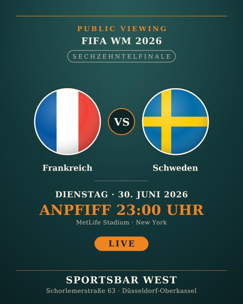 France vs Sweden live in Düsseldorf – 2026 World Cup public viewing at Sportsbar West
