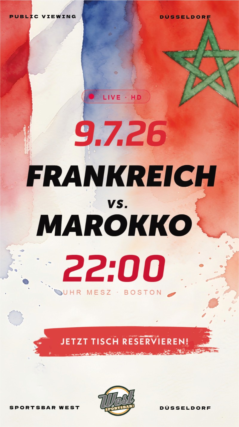 Marokko gegen Frankreich live in Düsseldorf – WM 2026 Public Viewing in der Sportsbar West