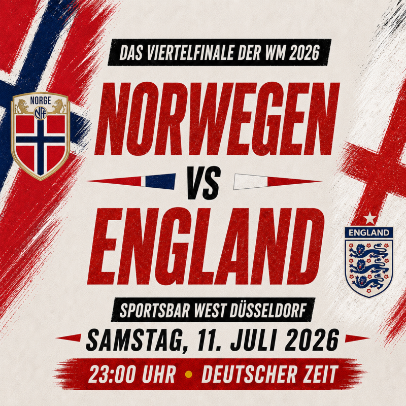 Norwegen gegen England live in Düsseldorf – WM 2026 Public Viewing in der Sportsbar West