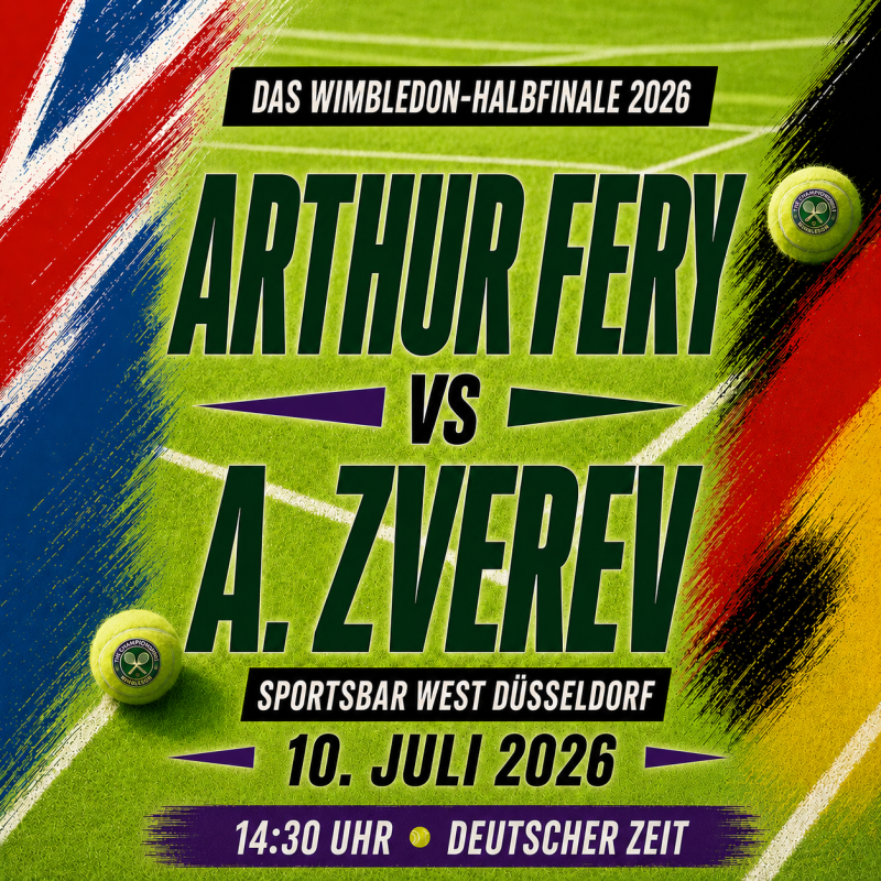 Arthur Fery gegen Alexander Zverev live in Düsseldorf – Wimbledon Public Viewing in der Sportsbar West
