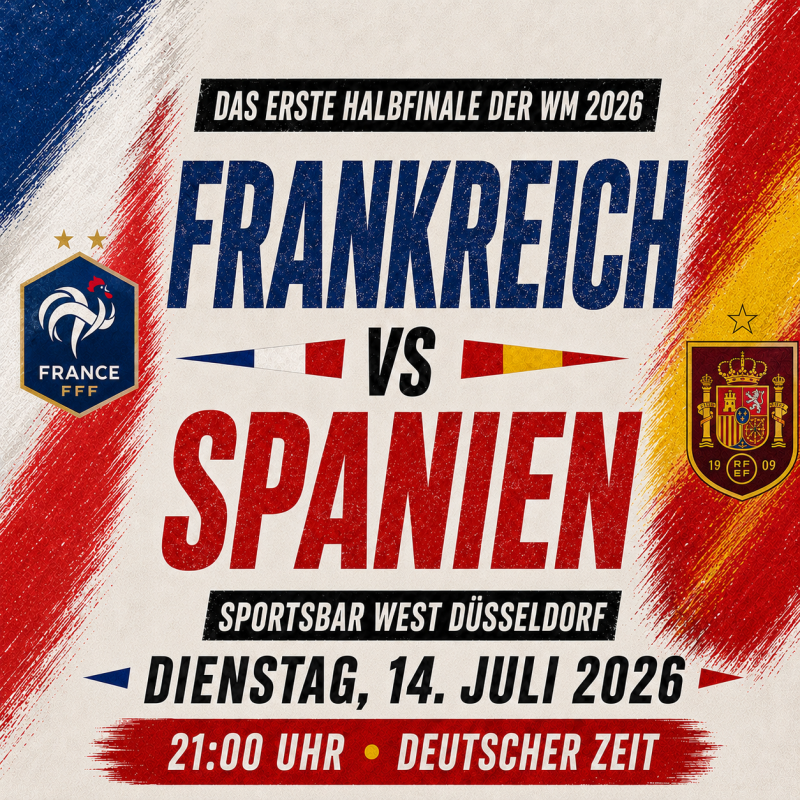 Frankreich gegen Spanien live in Düsseldorf – Halbfinale WM 2026 Public Viewing in der Sportsbar West