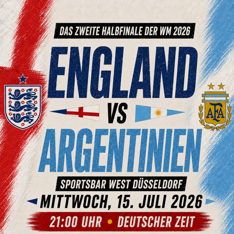 England gegen Argentinien live in Düsseldorf – WM 2026 Public Viewing in der Sportsbar West