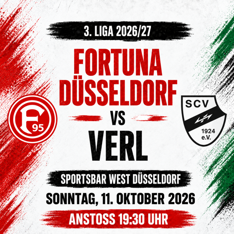 Fortuna Düsseldorf gegen Verl live in Düsseldorf – 3. Liga Public Viewing in der Sportsbar West